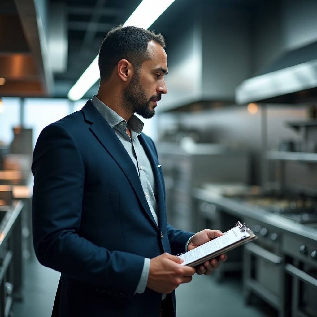 Consultor revisando procesos en cocina profesional de catering