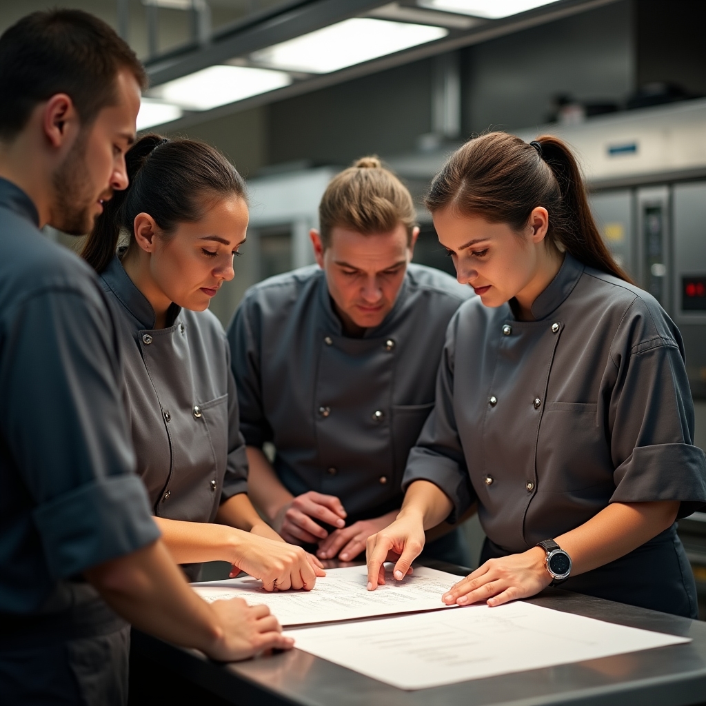 Equipo de cocina de colectividades trabajando en reducción de desperdicio